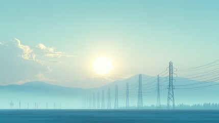 Fototapeta premium High-voltage steel towers over a wide flat plain with early morning fog