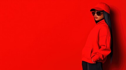 Red Hot Fashion: A Stylish Woman in a Vibrant Red Hoodie and Cap