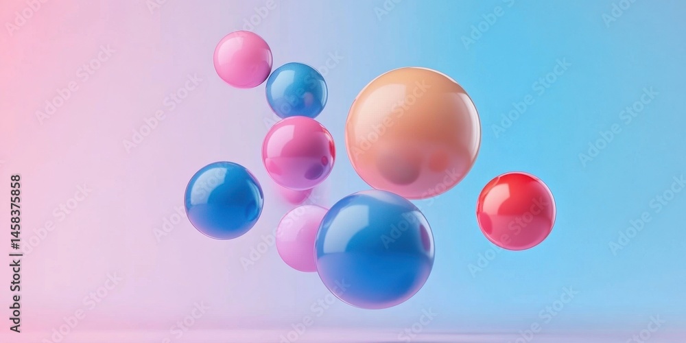 Poster floating colorful spheres: abstract pastel spheres float serenely against a soft, gradient backgroun