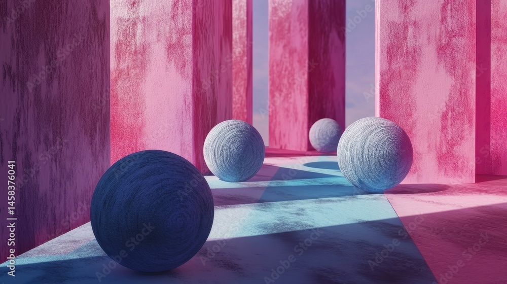 Poster enigmatic spheres: a mesmerizing display of spherical forms artfully arranged within a minimalist, p