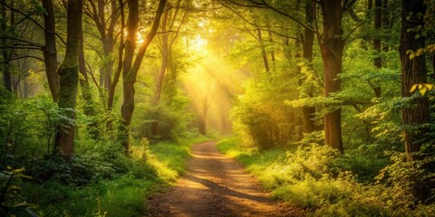 Fototapeta premium forest path illuminated by soft golden light filtering through dense foliage, serene, forest, serene