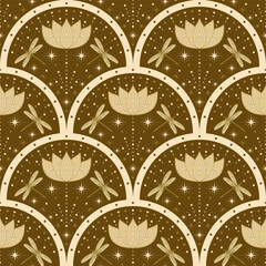 golden starry butterfly and lotus seamless pattern in art deco style. good for wallpaper, fabric, textile, fashion design, bedding, clothing, background, wrapping paper.