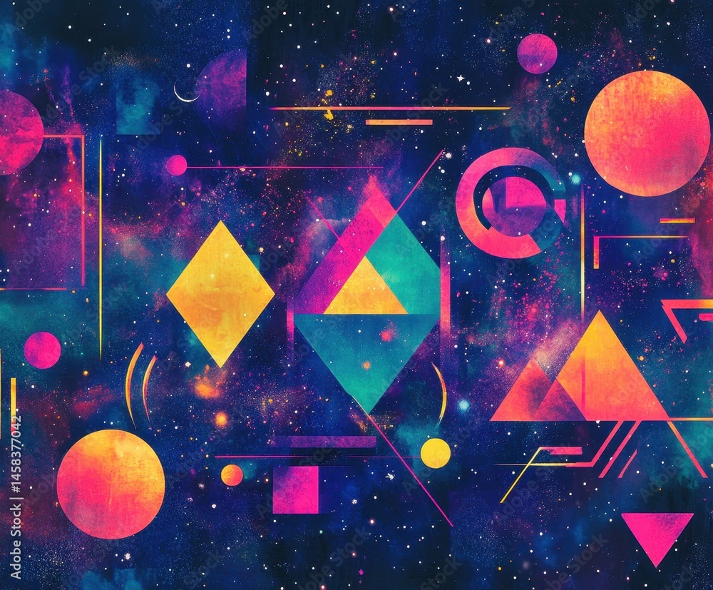 Poster cosmic geometry: vibrant geometric shapes and cosmic elements create a stunning visual display.