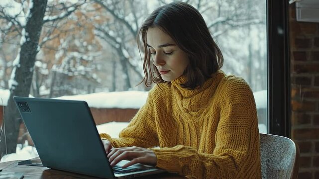 Woman working on laptop by window