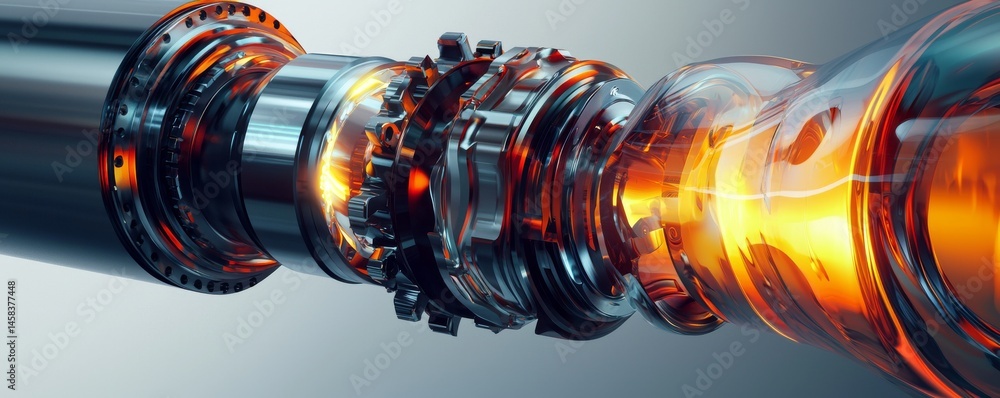 Poster high-tech engine component showcasing intricate design and luminous energy flow.