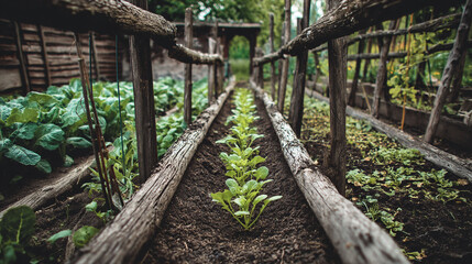 Huerto ecol&oacute;gico con hileras de plantas j&oacute;venes creciendo en suelo f&eacute;rtil entre estructuras de madera

