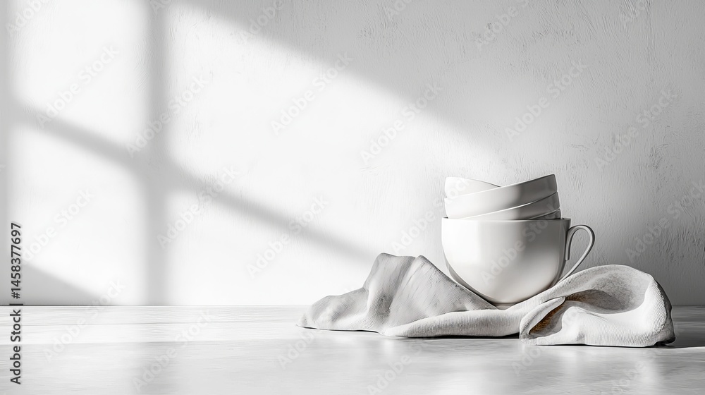 Poster minimalist composition of cups and linen on a bright surface with soft shadows.