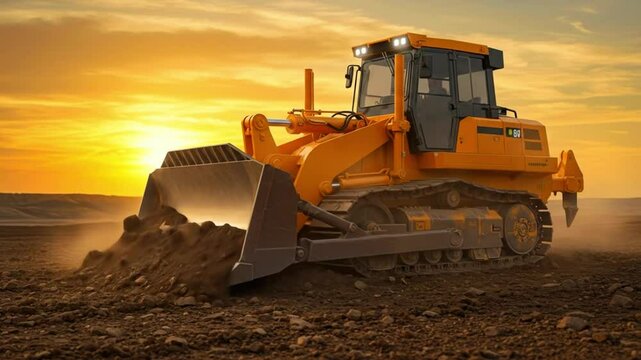 Powerful bulldozer operating at sunset, moving earth on a construction site with dust clouds rising