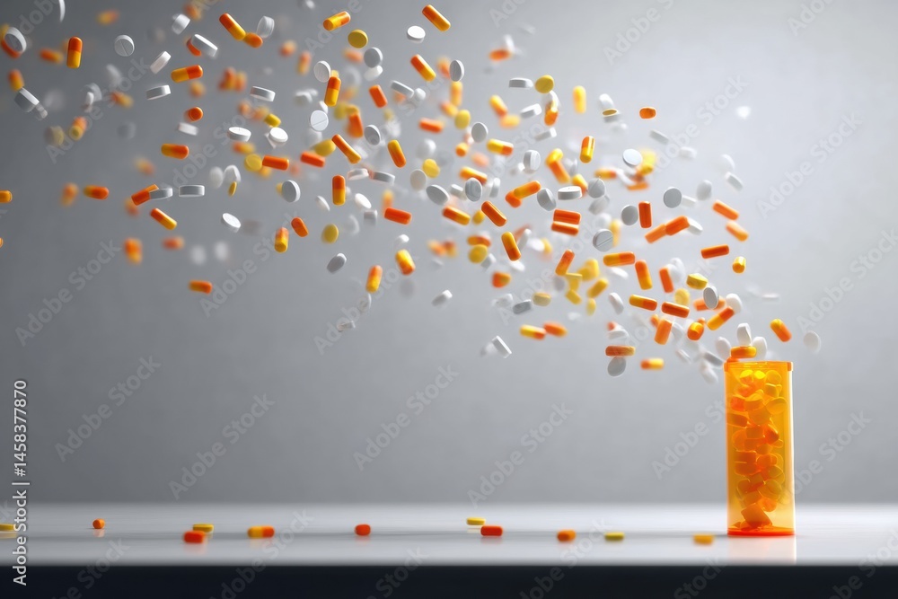 Aufkleber Pill Bottle Tips Over Midair Creating a Slow-Motion Cascading Spill of Colorful Tablets and Capsules Generative AI