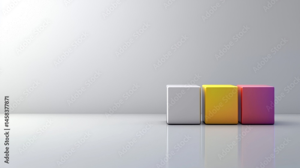 Poster minimalistic arrangement of colored blocks on a reflective surface.