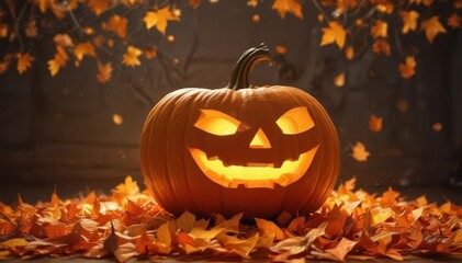 Glowing jack-o'-lantern, encircled by warm lanterns, autumn leaves swirl , nature, design