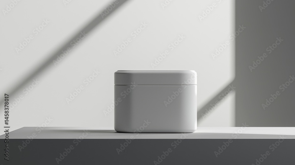 Aufkleber minimalistic white container on a surface with soft shadows and natural light.