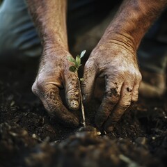 Weathered Hands Planting a Sapling in Dark Soil