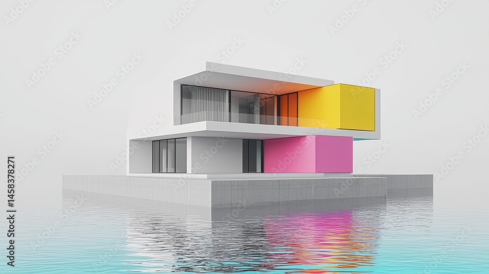 Poster modern architectural design of a colorful house floating on water in a serene setting.