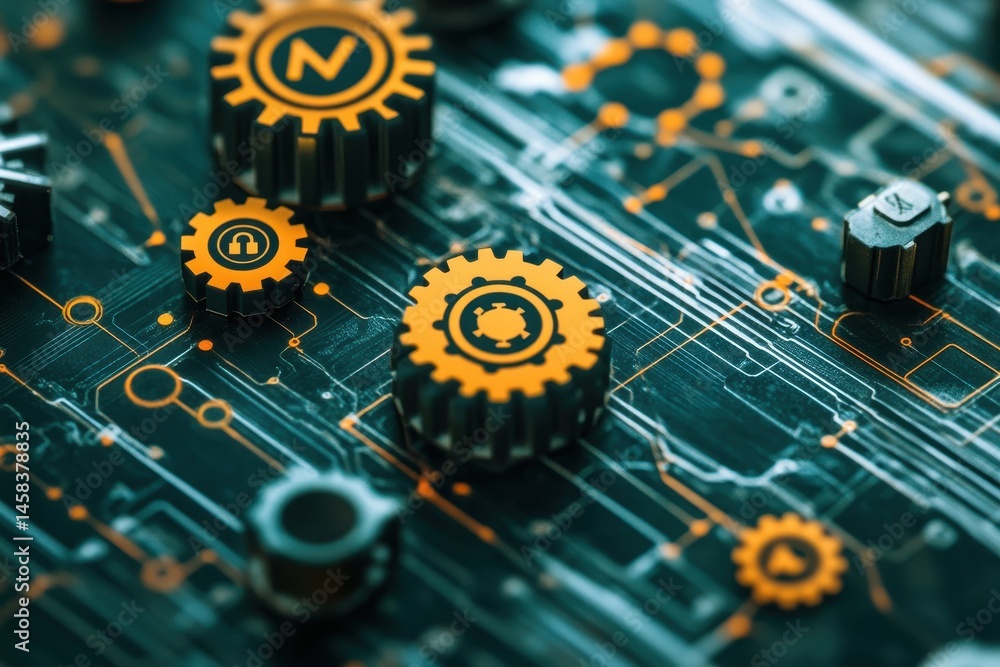 Aufkleber mechanical marvel: gears intertwine on a futuristic circuit board, their intricate design and precis