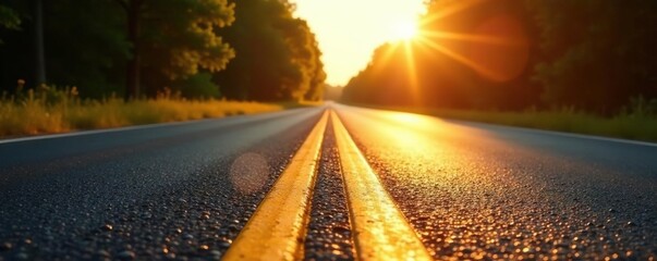 Blacktop reflects light, sun shines on yellow line, casting a warm glow Road ahead , sunlight, yellow line, travel