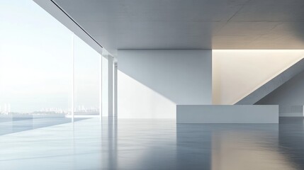 Modern minimalist interior with city skyline view