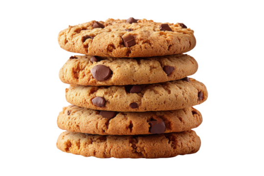 Stack of chocolate chip cookies, isolated on transparent background