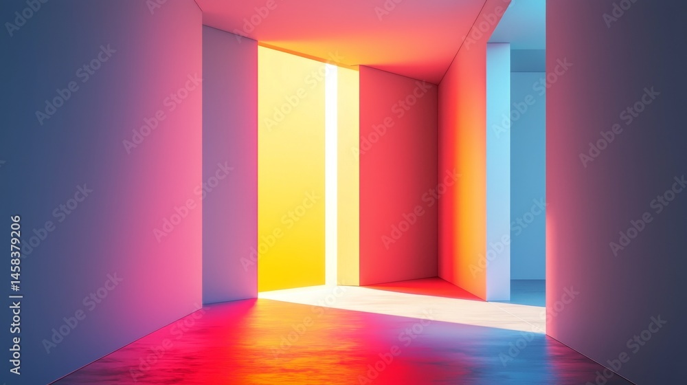 Poster modern corridor with vibrant light creating a colorful atmosphere and unique shadows.