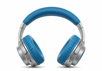Blue and silver wireless headphones with padded earcups isolated on a white background in a studio shot