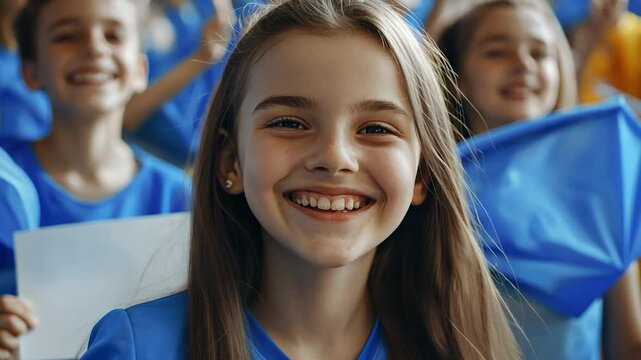 Smiling girl in crowd of children wearing blue shirts