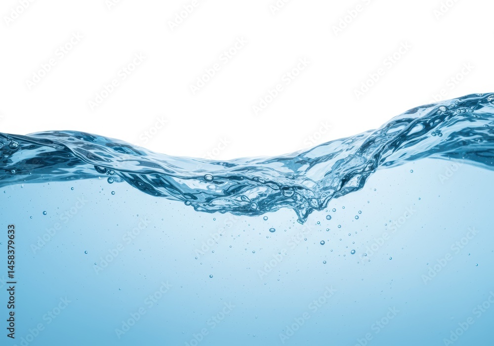 Poster water surface with a gentle wave and bubbles against a white background in a horizontal view