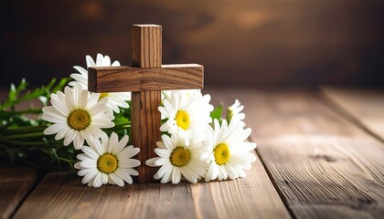 Fototapeta premium Wooden Cross with Daisies on Rustic Wooden Tabletop Still Life
