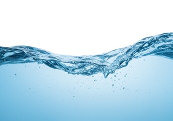 Water surface with a gentle wave and bubbles against a white background in a horizontal view