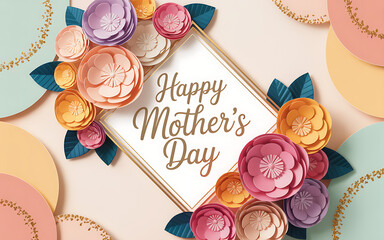 Elegant floral Mother’s Day greeting card with colorful paper flowers and gold frame on pastel geometric background