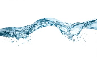 A clear, blue water wave with bubbles and droplets is isolated against a clean white background