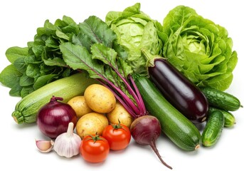 Fresh produce assortment featuring cabbage, eggplant, zucchini, tomato, potato, beet, onion, garlic, and lettuce