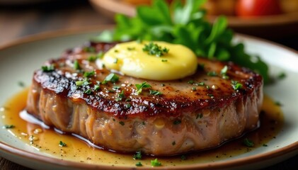 Close-up of steak, herb butter melting over, flavorful crust, restaurant quality, appetizing, gourmet, butter