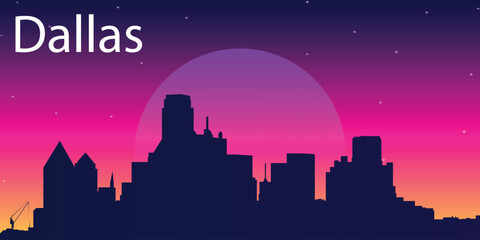 Stylized silhouette of the city of Dallas against the evening sky with a gradient from pink to purple with a large sun or moon in the center