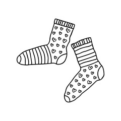 Hand drawn doodle simple socks with heart and stripe pattern. Isolated on white background