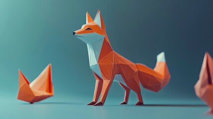 Stylized origami fox design with vibrant colors and artistic geometric forms.