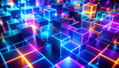 Obraz premium Vibrant Neon Cubes Abstract Background Digital Art Glowing 3D Render of Shiny Blocks