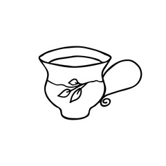 Hand drawn doodle hot drink cup with leaf design on stem. A mug of coffee or tea with leaves pattern on stem. Isolated on white background
