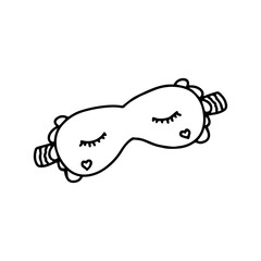 Hand drawn doodle sleep mask, eyelashes, heart shapes. Cute sleeping mask. Isolated on white background