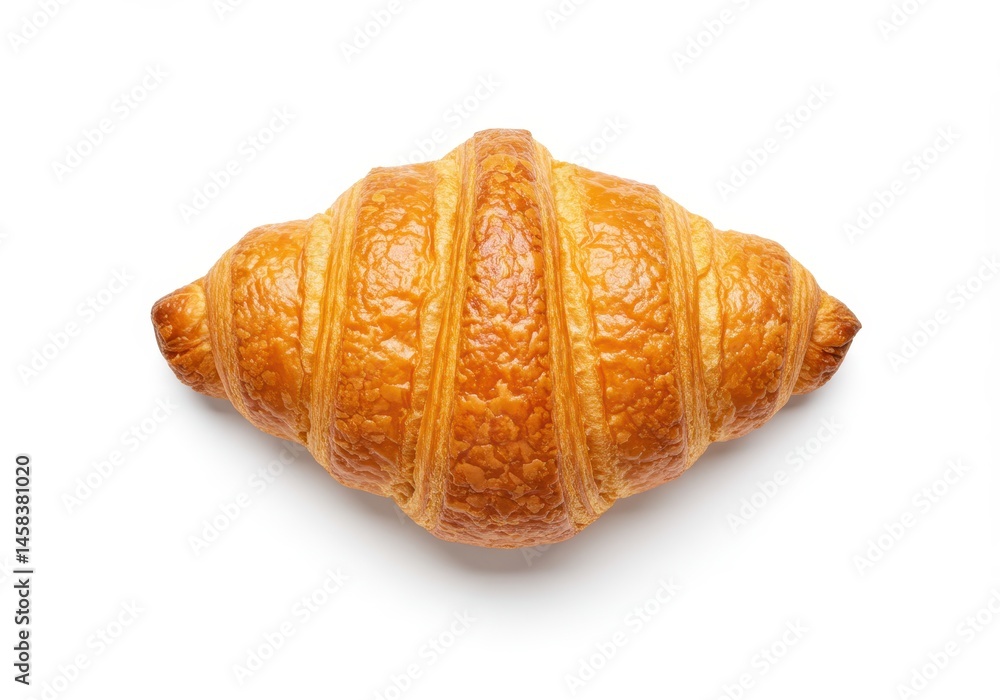 Poster golden brown croissant with flaky layers displayed on a plain white background in a centered composi
