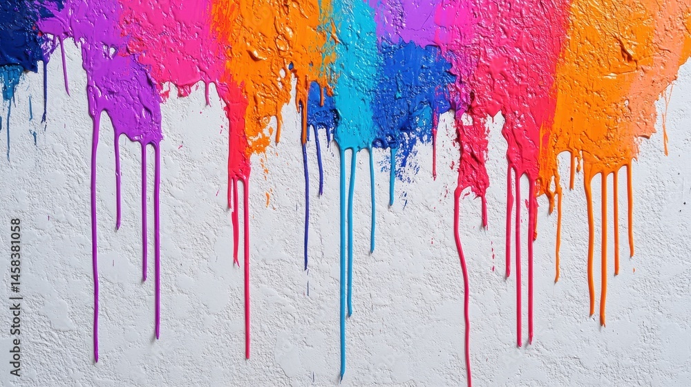 Poster dripping colors on canvas: vibrant and dynamic streams of paint cascade down, creating a mesmerizing