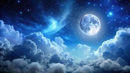 Fototapeta premium Celestial landscape with silvery moonlight and fluffy white clouds against a deep blue night sky , galaxy , blue, galaxy