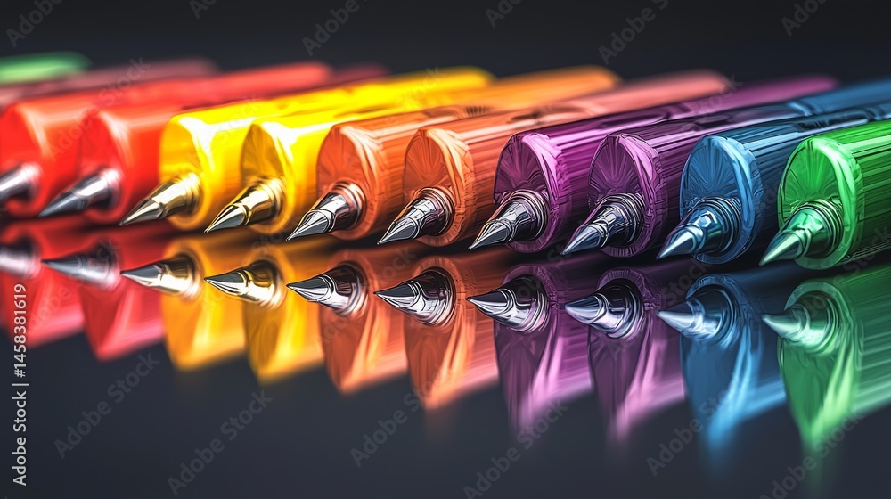 Poster vibrant collection of colorful markers arranged in a detailed row with reflections.