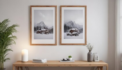 Cozy home interior, poster mockup on clips, white wall, wooden frame,  frame,  wall,  bedroom