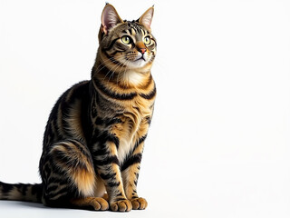 Fototapeta premium The cat is sitting on a white background. The cat has a striped pattern on its fur.