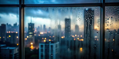 Black mist on glass window with blurred cityscape outside, creating an eerie atmosphere at dusk , foggy