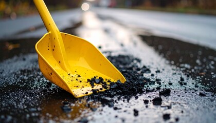 Yellow plastic shovel scoops asphalt road repair material Close up view of road construction