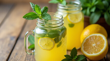 Homemade lemonade with lemon and mint in mason jar on wooden table. Refreshing summer drink.