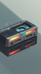 Obraz premium Vintage camera resting on a reflective surface, showcasing its vibrant design and details.