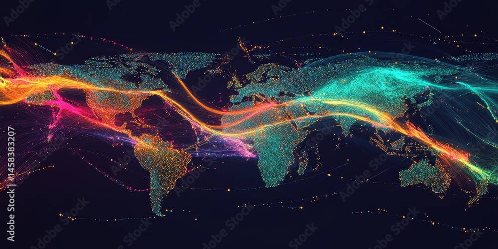 Poster global network connection: a vibrant, abstract visualization of a global network, showcasing interco