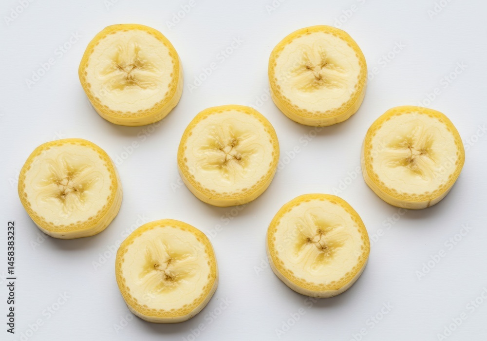 Poster seven banana slices arranged on a white surface to showcase the fruit's texture and color